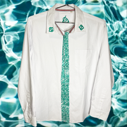 Maui Hand-Printed Button Up - Teal Long Sleeve